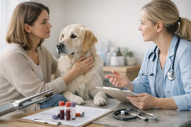 Hund beim Tierarzt mit Zeckenrisiko Ein Hund beim Tierarzt, der auf das Risiko von Zecken untersucht wird.