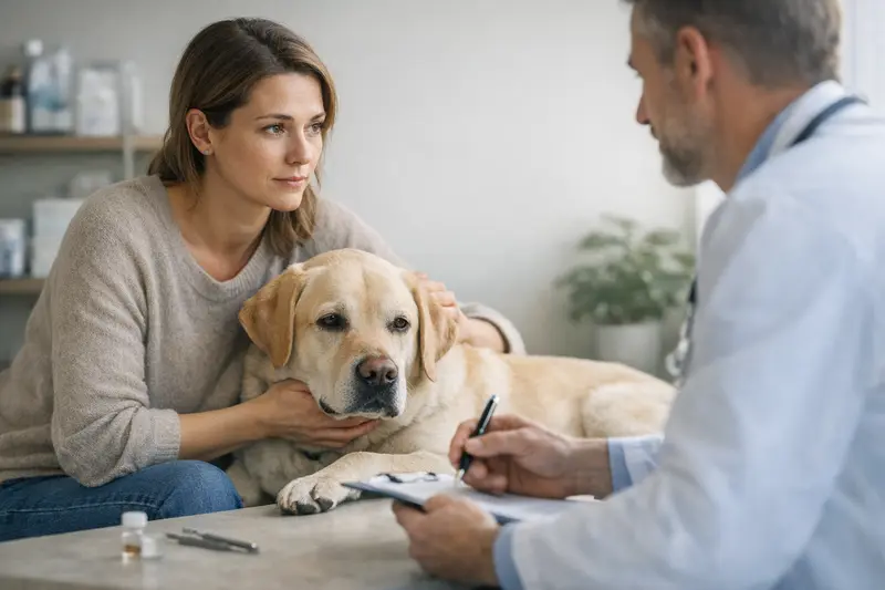 Hund beim Tierarzt wegen Verdacht auf Krankheit Ein Hund beim Tierarzt zur Untersuchung wegen Zeckenbiss-Symptomen.