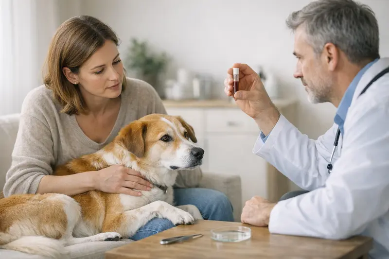 Eine Hundebesitzerin entfernt vorsichtig eine Zecke von ihrem Hund im Freien.