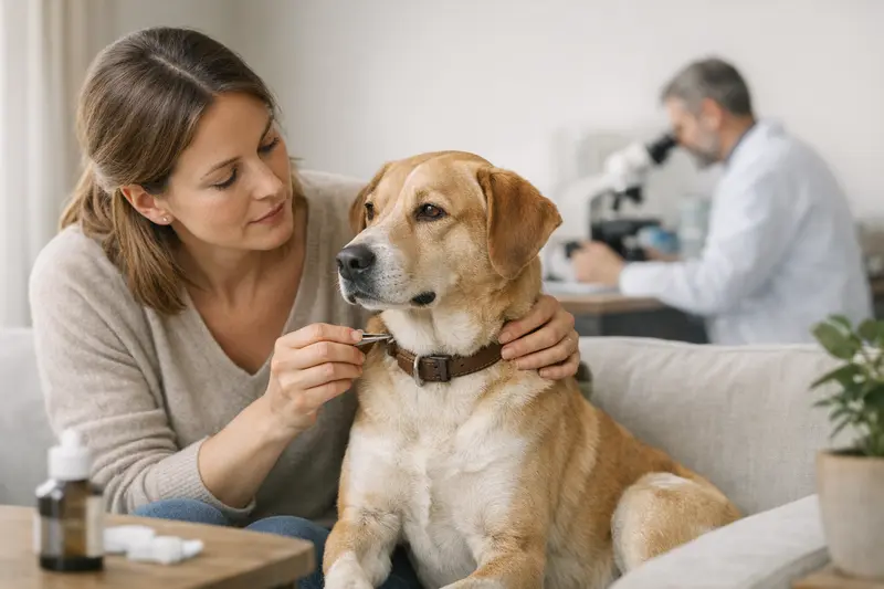 Hund mit Zecke - Entfernung und Gesundheit Ein Hund, der von seinem Besitzer untersucht wird, nachdem eine Zecke entfernt wurde.