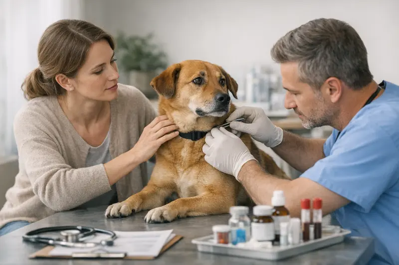 Ein Tierarzt untersucht einen Hund nach einem Zeckenbiss.