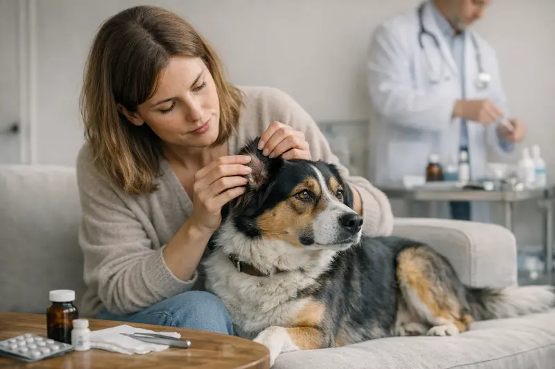 Wichtige Versicherungsleistungen bei Zeckenfällen für Hunde Tierarzt untersucht einen Hund auf Zeckenbefall und berät über Versicherungsleistungen