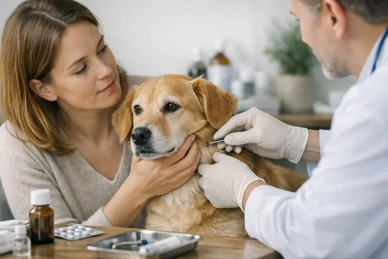 Zeckenbefall bei Hunden und wichtige Versicherungsleistungen Tierarzt untersucht einen Hund auf Zeckenbefall und bespricht die notwendigen Versicherungsleistungen.