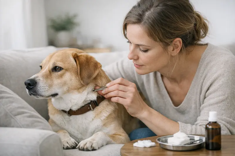 Zeckenentfernung beim Hund Ein Hund, der von seinem Besitzer eine Zecke entfernt bekommt.