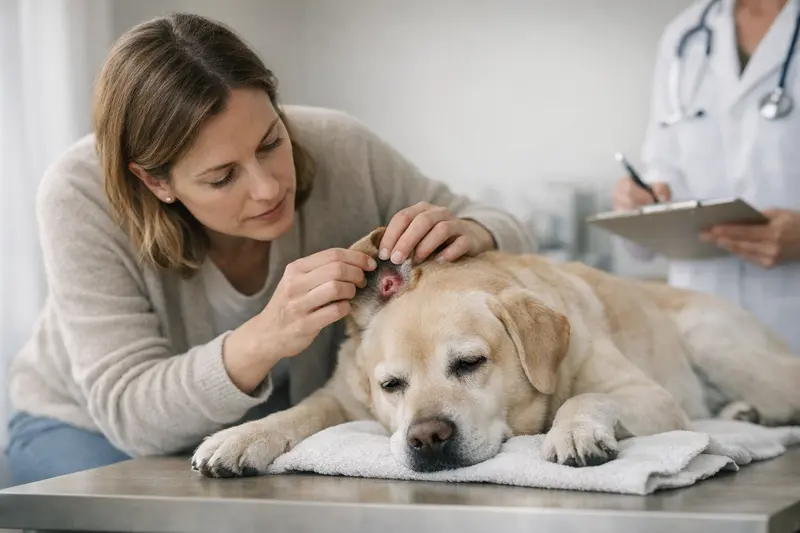 Anzeichen für Tierarztbesuch nach Zeckenbiss bei Hunden Hund mit Zeckenbiss wird von seinem Halter gehalten, während er Zeichen von Unwohlsein zeigt.