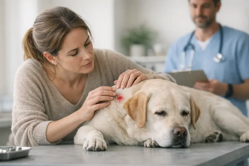 Hund mit Zeckenbiss und Anzeichen von Krankheit Ein Hund mit einem Zeckenbiss, der Anzeichen von Unwohlsein zeigt.