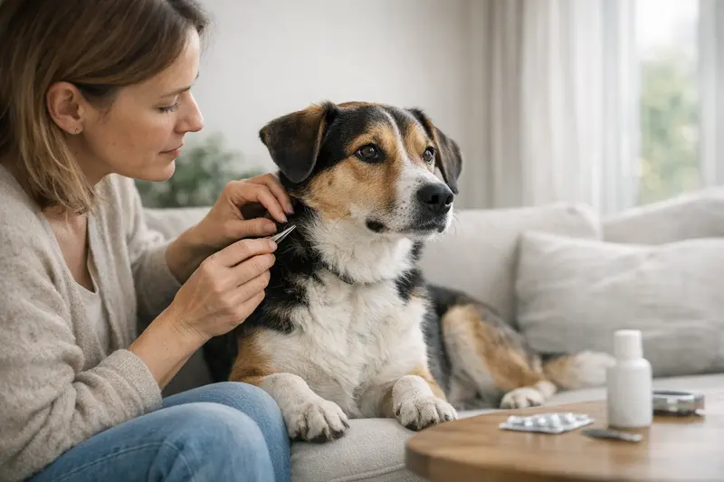 Ein Hund erhält eine Zeckenprophylaxe beim Tierarzt.