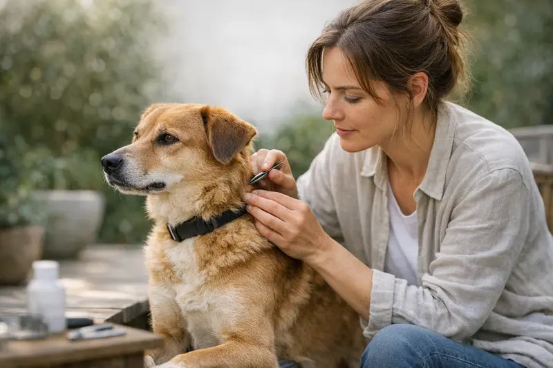 Zeckenvorsorge beim Hund Hundehalter mit einem gesunden Hund beim Tierarzt zur Zeckenvorsorge.