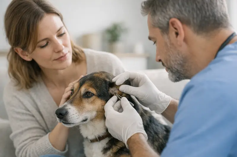 Ein Hund bekommt eine Zecke entfernt; die richtige Vorgehensweise ist wichtig.