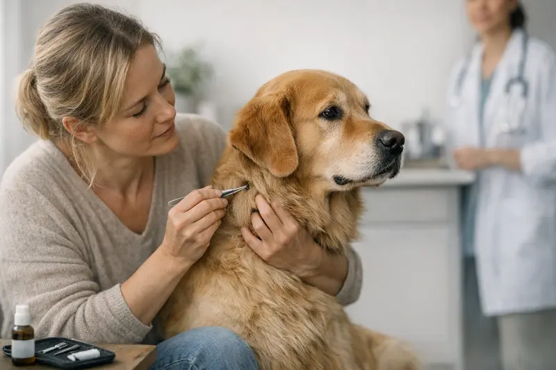 Ein Hund wird behutsam von seinem Besitzer gehalten, während eine Zecke entfernt wird.