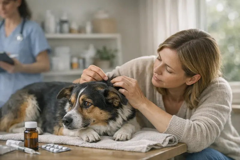 Hundeversicherung und Zeckenbisse Ein Hund wird vom Tierarzt nach einem Zeckenbiss untersucht.