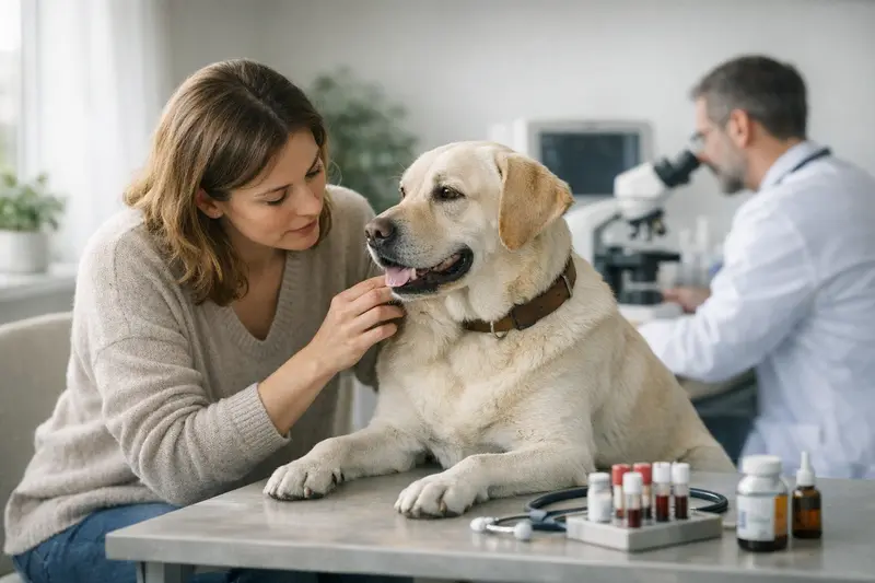 Tierarztuntersuchung nach Zeckenbiss Hund erhält Tierarztuntersuchung nach einem Zeckenbiss.