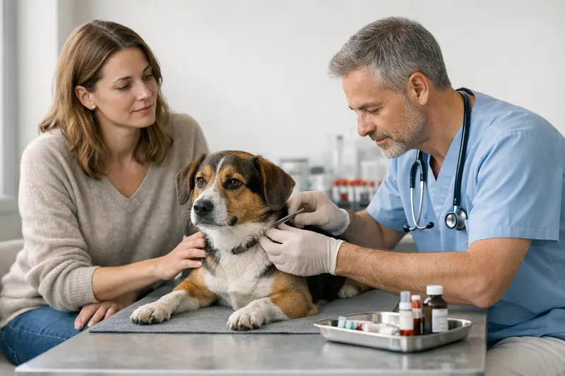 Hund wird von Tierarzt nach einem Zeckenbiss untersucht.