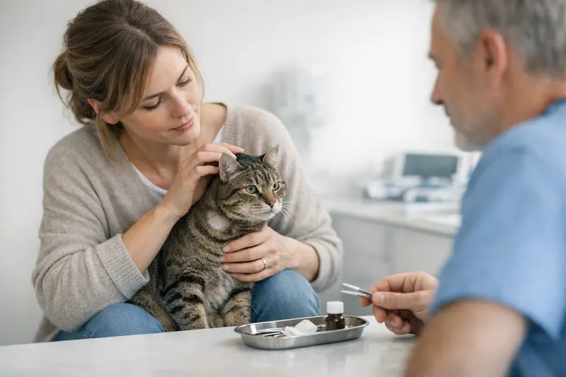 Tierarztuntersuchung bei Zeckenbefall Eine Katze wird beim Tierarzt untersucht, um eine Zeckenbehandlung durchzuführen.