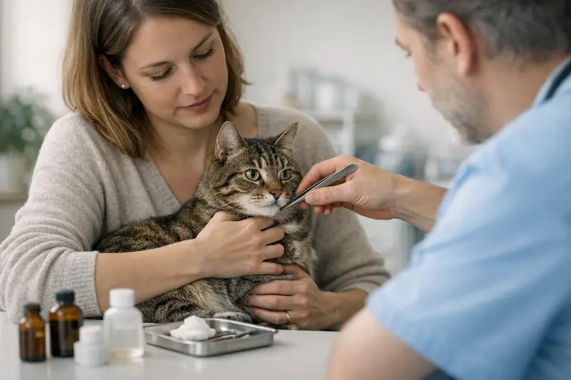 Tierarztuntersuchung einer Katze auf Zecken Eine Katze wird vom Tierarzt auf Zeckenbefall untersucht, um mögliche Behandlungen zu besprechen.