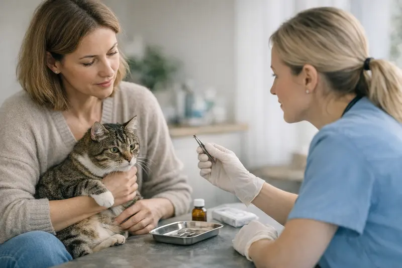 Tierarztbesuch Katze Zeckenuntersuchung Eine Katze beim Tierarzt zur Untersuchung nach Zeckenbefall.