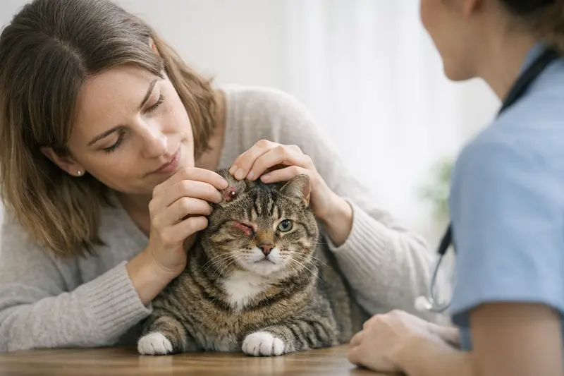 Tierarztuntersuchung bei Zeckenbefall von Katzen Eine Katze wird von einem Tierarzt untersucht, um einen Zeckenbefall zu behandeln.