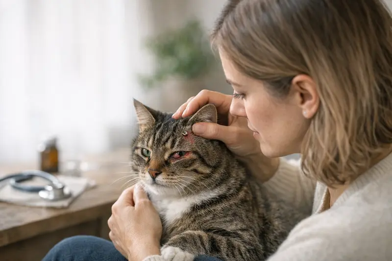 Zeckenbefall bei Katzen Eine Katze mit einer Zecke am Ohr, die Tierärztin untersucht sorgfältig die Befallsstelle.