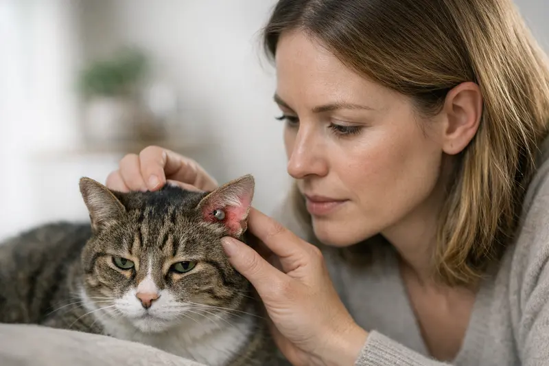 Zeckenfund bei Katzen und Tierarztbesuch Eine Katze mit Zecke im Ohrbereich, Symbol für den Tierarztbesuch.