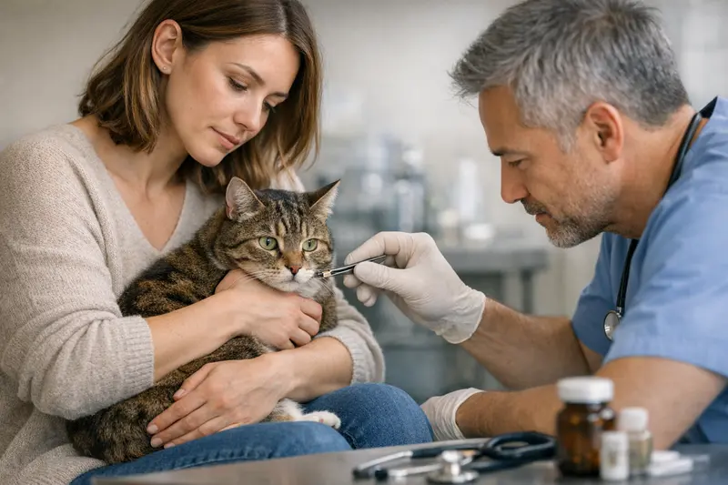 Tierärztliche Untersuchung von Katzen auf Zecken Katzenärztin untersucht eine Katze auf Zeckenbefall.