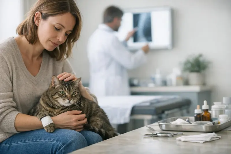 Tierarzt untersucht eine Katze auf Zecken und mögliche Folgeprobleme.