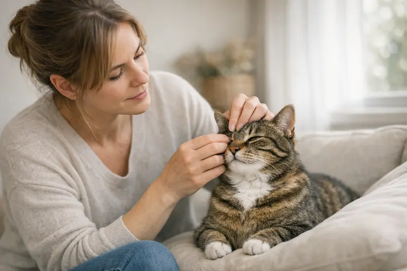 Katzenzecken-Kontrolle Eine Katze wird auf Zecken kontrolliert, während sie im Freien spielt.