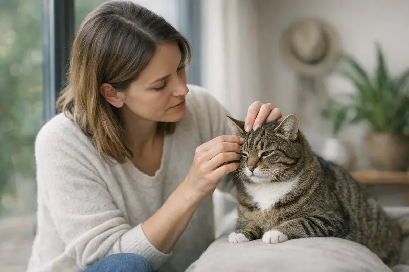 Eine Katze wird auf Zecken überprüft, während sie im Freien spielt.