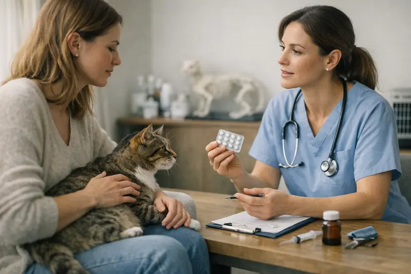 Tierarztbesuch zur Katzenvorsorge Eine Katze wird vom Tierarzt untersucht, während der Halter den Tarifvergleich für die Katzenversicherung vorbereitet.
