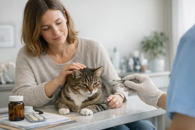 Katzengesundheit und Tarifvergleich Eine Katze beim Tierarzt, die untersucht wird, symbolisiert die Wichtigkeit der Katzenvorsorge und des Tarifvergleichs für Katzenhalter.