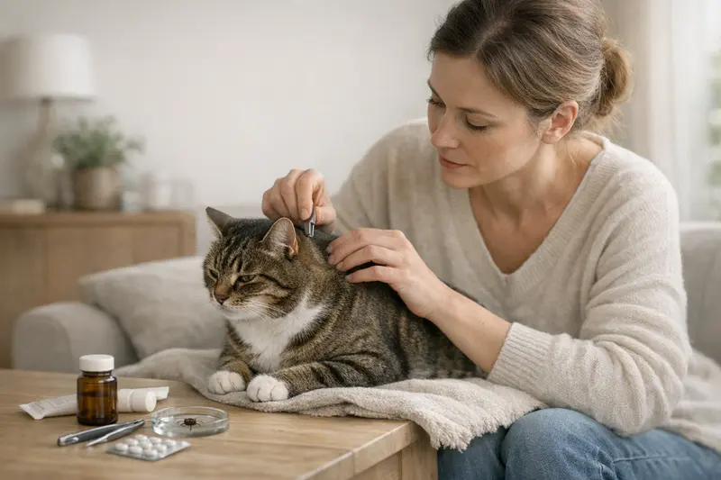 Katzengesundheit und Zeckenbehandlung Eine Katze wird beim Tierarzt untersucht, während eine Besprechung über mögliche Zeckenbehandlungen stattfindet.