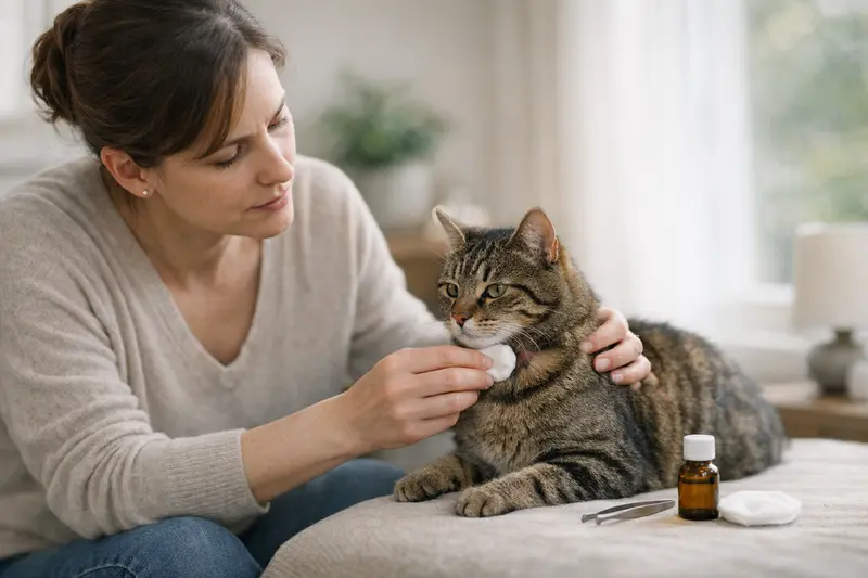Eine Katze, die von einem Tierarzt bei der Entfernung einer Zecke behandelt wird, während der Halter besorgt zuschaut.