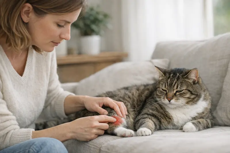 Zeckenbiss Symptoms bei Katzen Eine Katze mit einer Zecke am Ohr, die Symptome zeigt, die nach einem Zeckenbiss abgeklärt werden sollten.