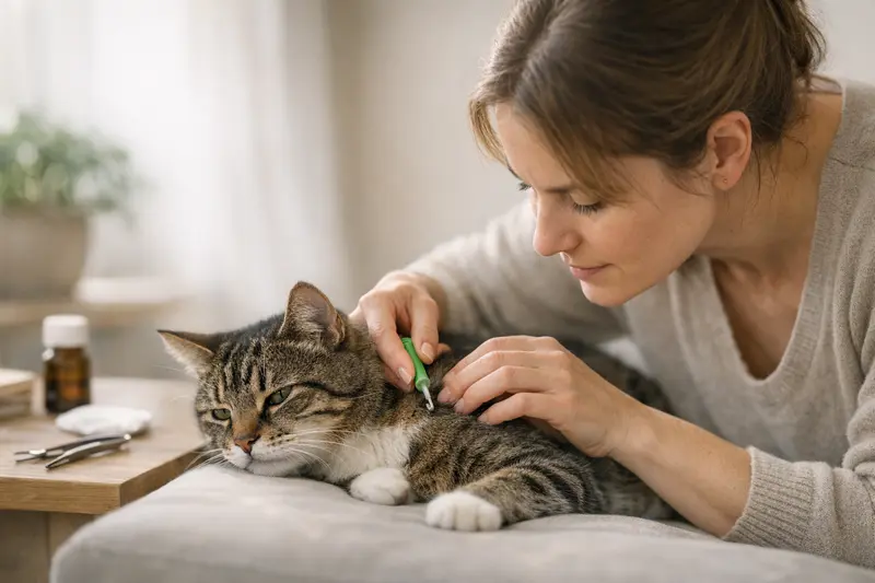 Zeckenentfernung bei Katzen Eine Katze wird sorgfältig von einem Tierhalter von einer Zecke befreit, um die Gesundheit der Katze zu schützen.