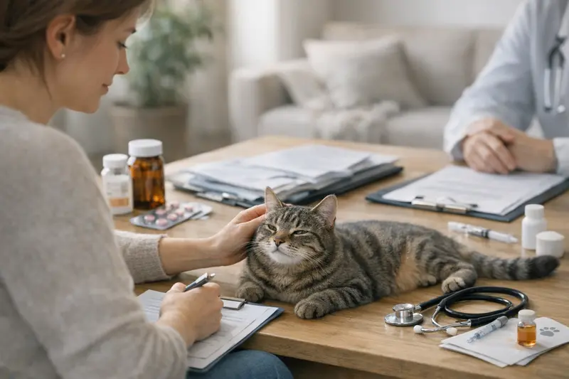 Eine besorgte Katzenhalterin vergleicht verschiedene Tarife für Katzenversicherungen am Laptop.