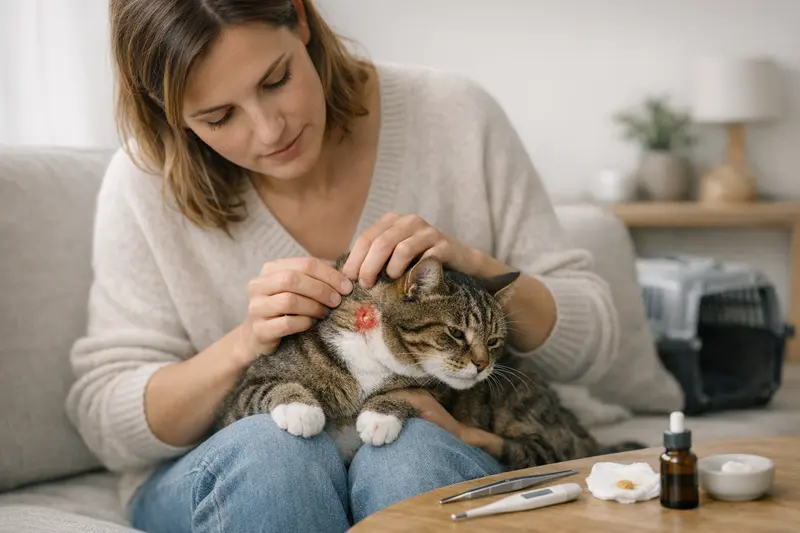 Tierarztbesuch nach Zeckenstich bei Katzen Eine Katze zeigt Anzeichen von Unwohlsein nach einem Zeckenstich, was einen Tierarztbesuch erforderlich macht.