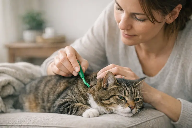 Zeckenentfernung bei Katzen Eine Katze wird vorsichtig mit einem Zeckenhaken behandelt, um eine Zecke zu entfernen.