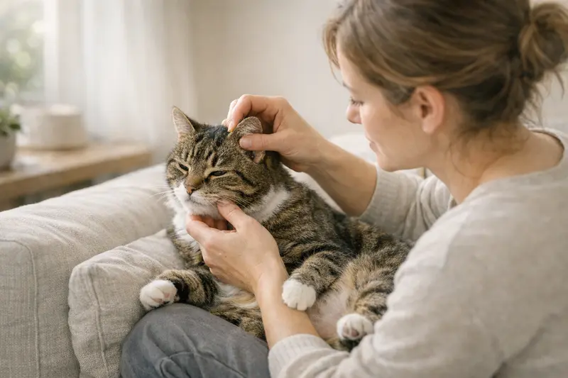 Zecken bei Katzen erkennen und behandeln Eine Katze wird auf Zeckenbefall im Kopf- und Halsbereich untersucht.