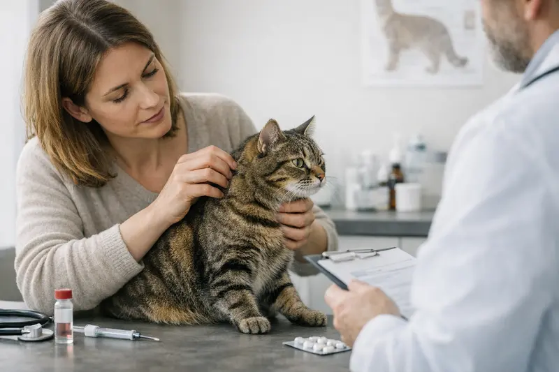 Eine Katze bei der Untersuchung durch einen Tierarzt mit Fokus auf Zeckenprävention.