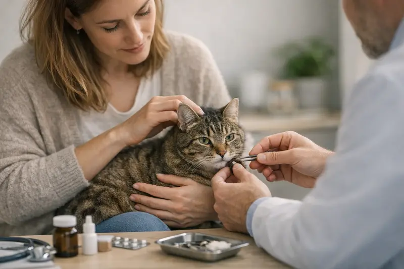 Katzen im Gesundheitscheck gegen Zecken Eine Katze lässt sich beim Tierarzt gegen Zecken behandeln und erhält dabei die nötige medizinische Betreuung.