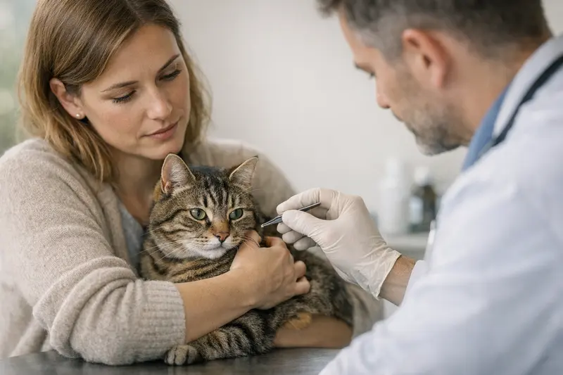 Katze bei Tierarzt nach Zeckenentfernung Eine Katze wird vorsichtig bei einem Tierarzt untersucht, nachdem ein Teil einer Zecke stecken geblieben ist.