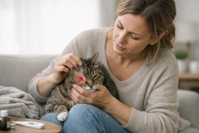 Warnsignale bei Katzen nach Zeckenbiss Eine Katze mit deutlichen Symptomen nach einem Zeckenbiss, wie Rötung und Lahmheit.