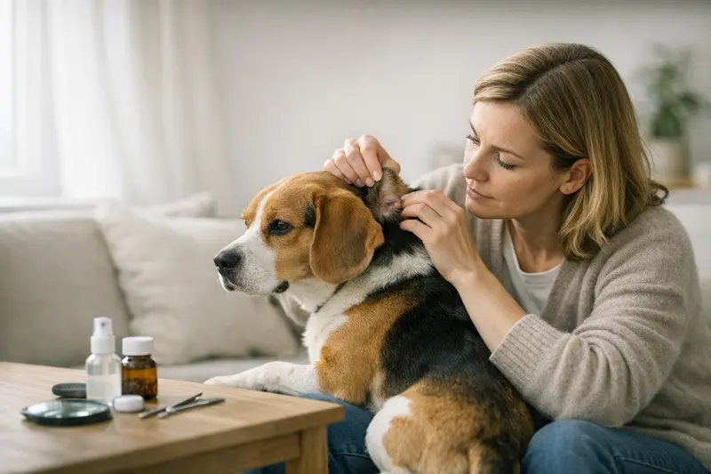 Hund beim Tierarzt wegen Parasiten Hund untersucht beim Tierarzt wegen Juckreiz durch Zecken- oder Flohbefall.