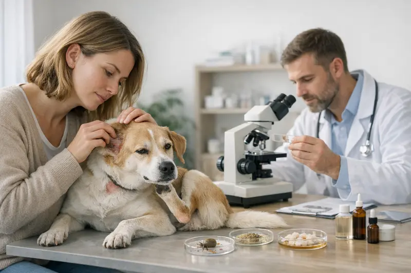 Tierarztbesuch bei Juckreiz eines Hundes Ein Hund untersucht von einem Tierarzt während der Diagnostik bei Juckreiz.