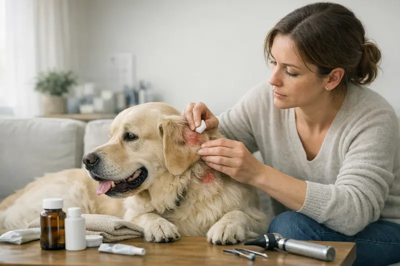 Hunde mit Hautentzündungen nach einem Parasitenbefall, die tierärztliche Behandlung benötigen.