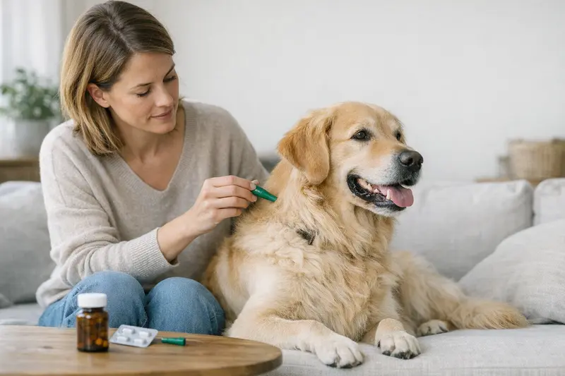 Spot-on Anwendung bei Hunden Hund erhält Spot-on zur Parasitenbekämpfung, symbolisiertpräventive Gesundheitsmaßnahmen.
