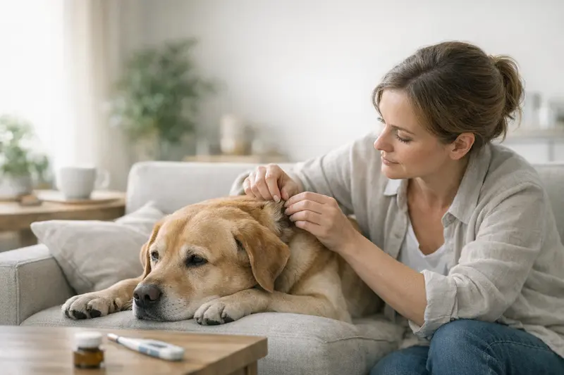 Hund nach Zeckenbiss beobachten Ein Hund, der nach einem Zeckenbiss beobachtet wird, während sein Halter besorgt schaut.