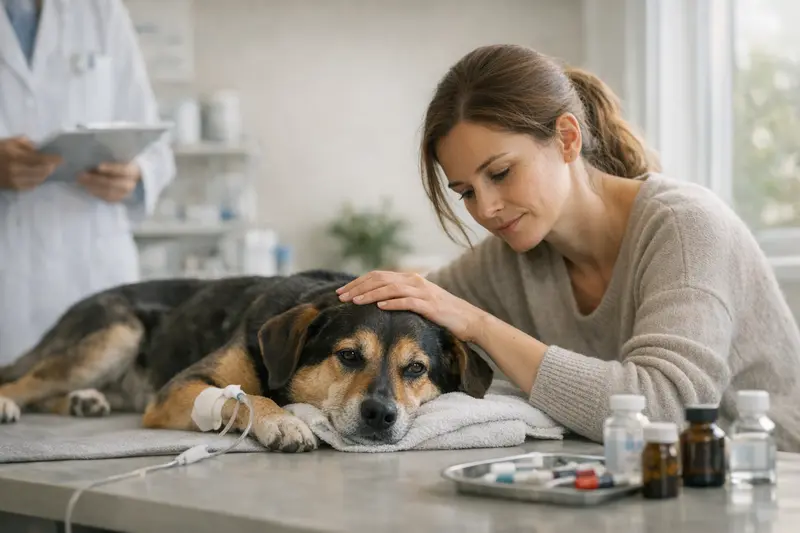 Tierarztuntersuchung Hund Zecken Ein Hund, der beim Tierarzt untersucht wird, um Zecken-Erkrankungen festzustellen.