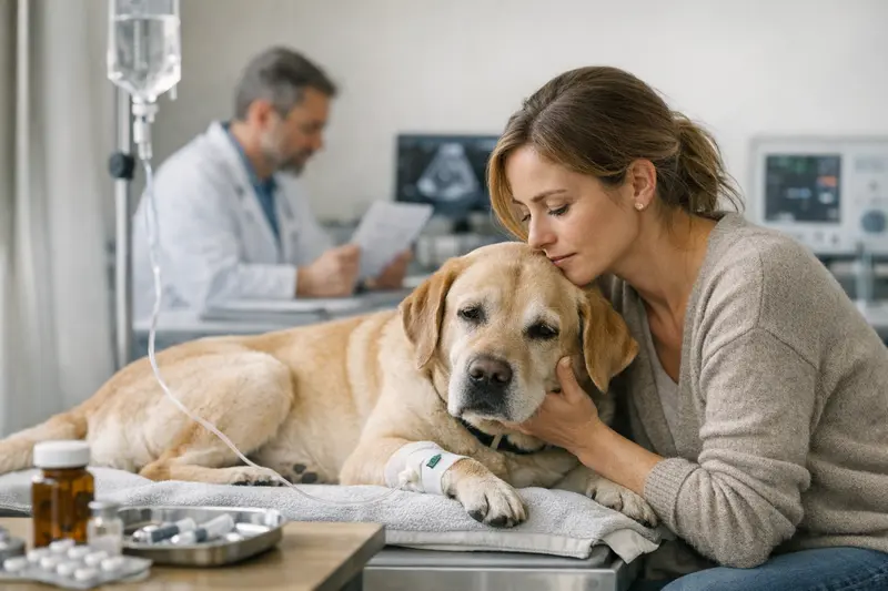 Tierarzt untersucht Hund nach Zeckenbiss auf Kosten für Behandlung.