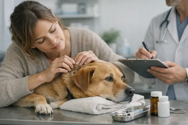 Hund bei Tierarztuntersuchung Hund beim Tierarzt zur Untersuchung auf Zeckenbisse