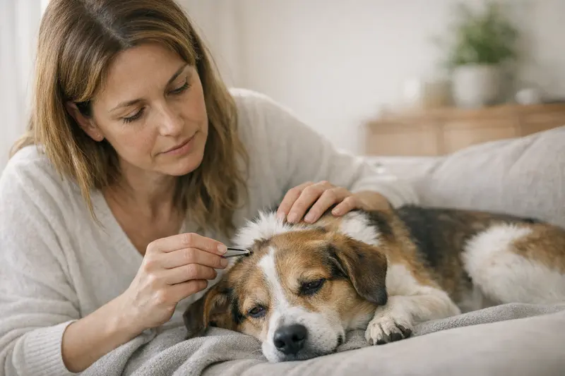 Ein Hund, der beim Tierarzt untersucht wird, um die Auswirkungen eines Zeckenbisses zu klären.